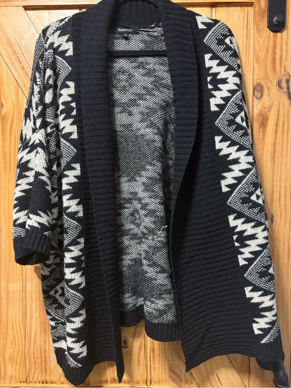 Relativity Black & White Aztec-Pattern Open Cardigan